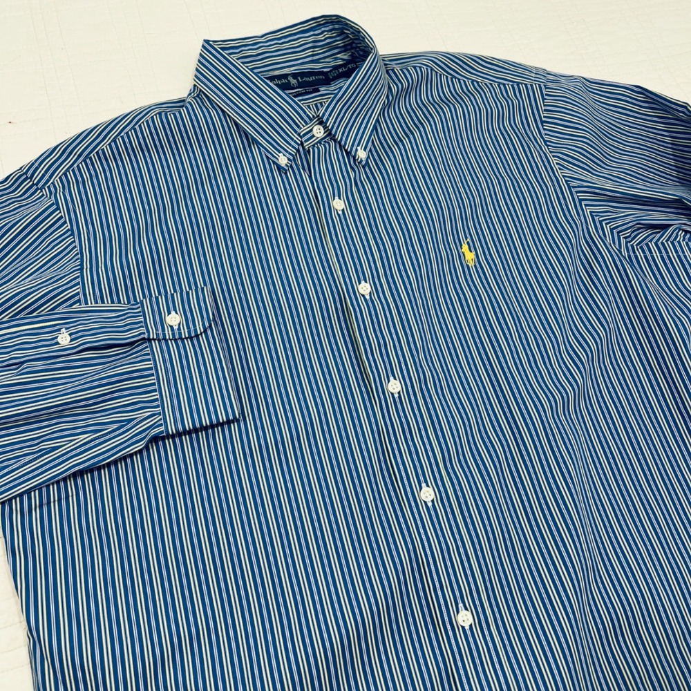 Ralph Lauren Mens XL Custom Fit Striped Button Down Shirt Blue White Yellow Pony